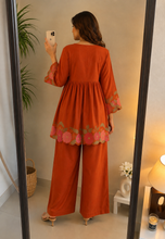 Load image into Gallery viewer, Deevaz Women’s Rust Orange Floral Embroidered Kurta &amp; Palazzo Set