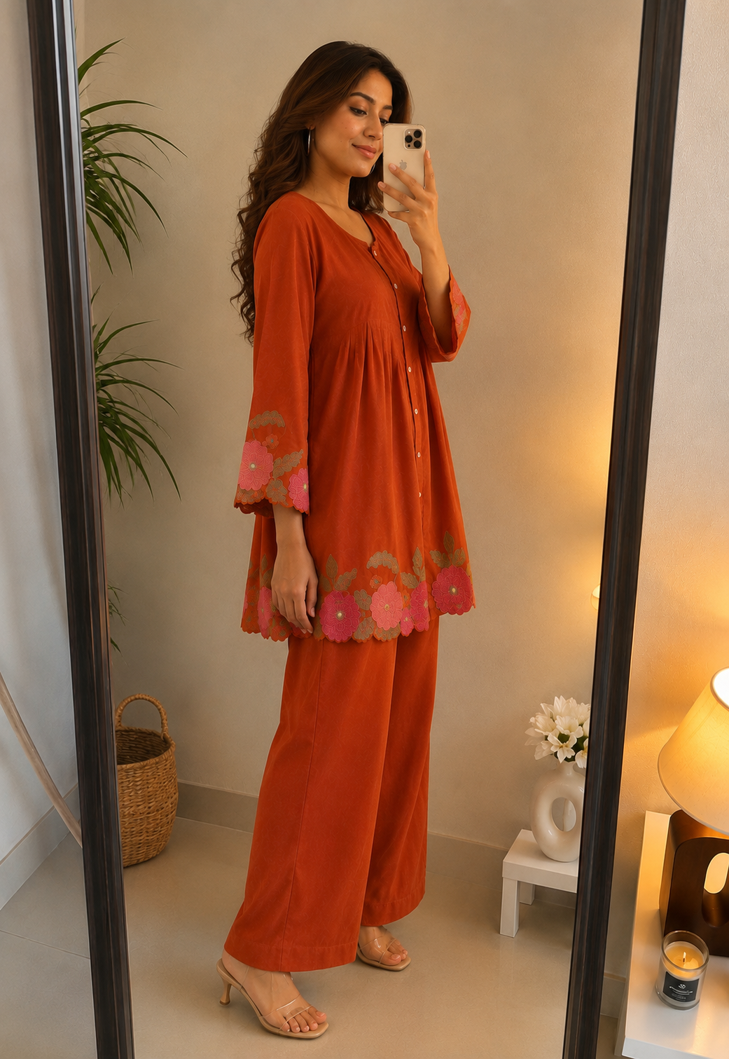 Deevaz Women’s Rust Orange Floral Embroidered Kurta & Palazzo Set