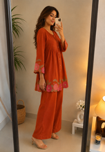 Load image into Gallery viewer, Deevaz Women’s Rust Orange Floral Embroidered Kurta &amp; Palazzo Set