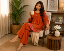 Load image into Gallery viewer, Deevaz Women’s Rust Orange Floral Embroidered Kurta &amp; Palazzo Set