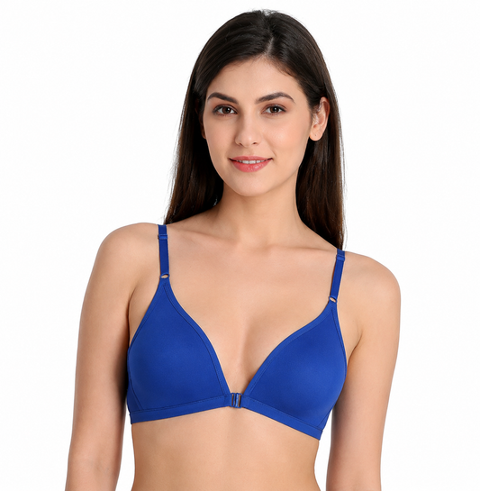 Deevaz Non-padded Front open Cotton rich Solid T-Shirt Bra in Blue Colour.