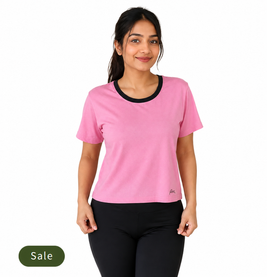 Deevaz Women’s Casual Pink Workout Crop Tee with Black Trim