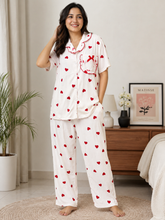 Load image into Gallery viewer, Deevaz Women's White Heart Print Cotton 2-Piece Night Suit Set