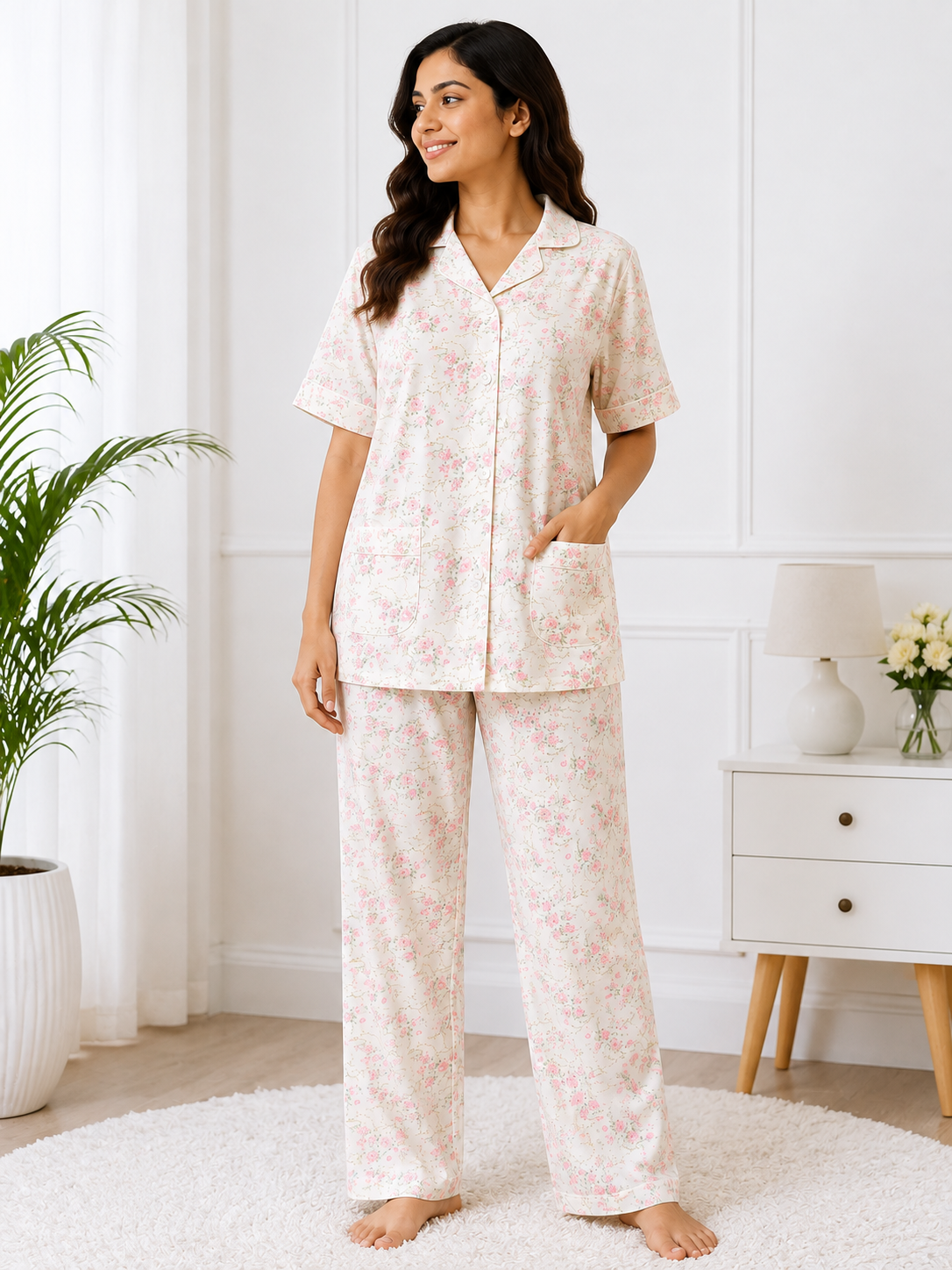 Deevaz Women's Floral Cotton 2-Piece Night Suit Set