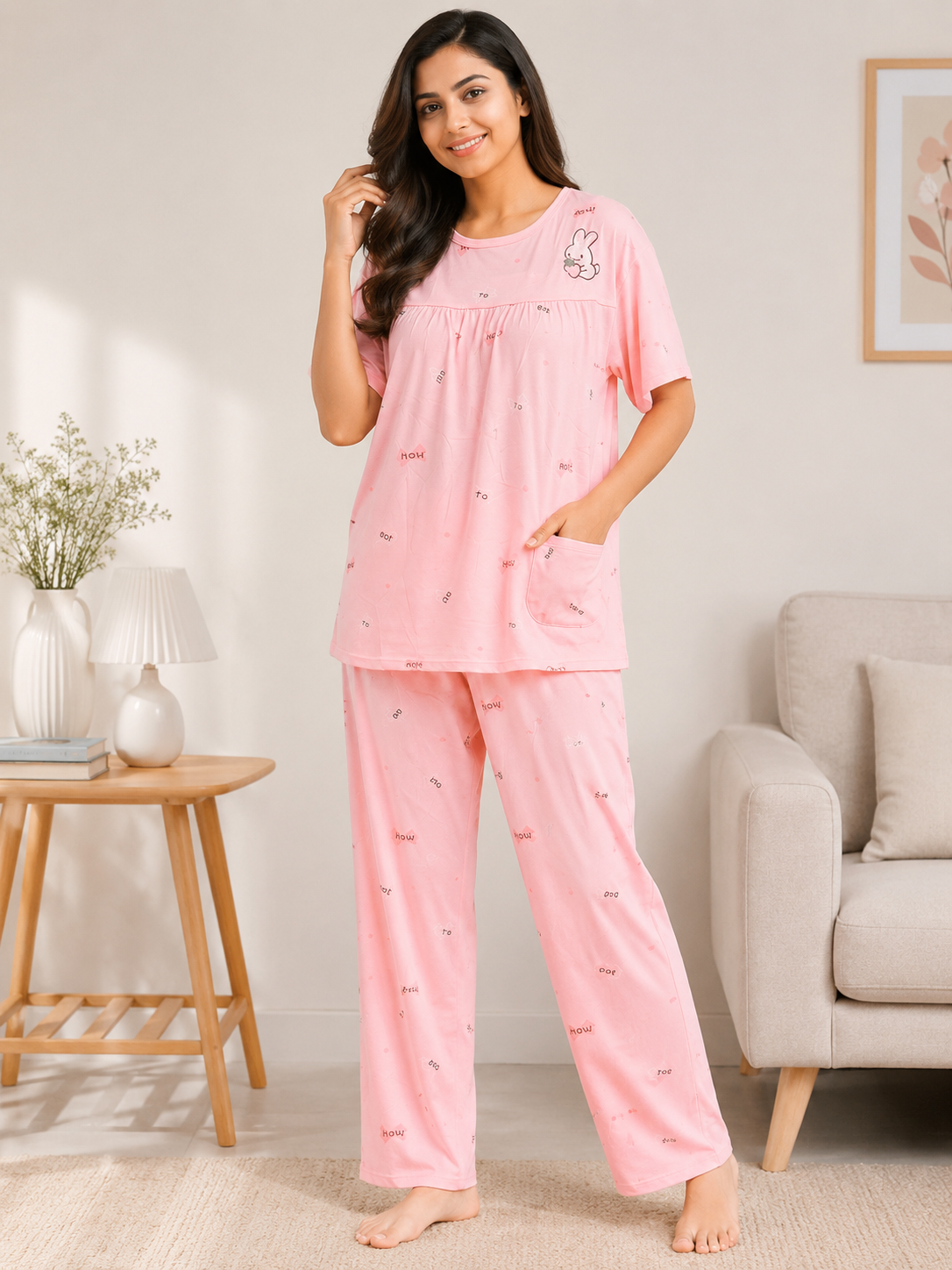 Deevaz Women's Pink Cotton 2-Piece Night Suit Set