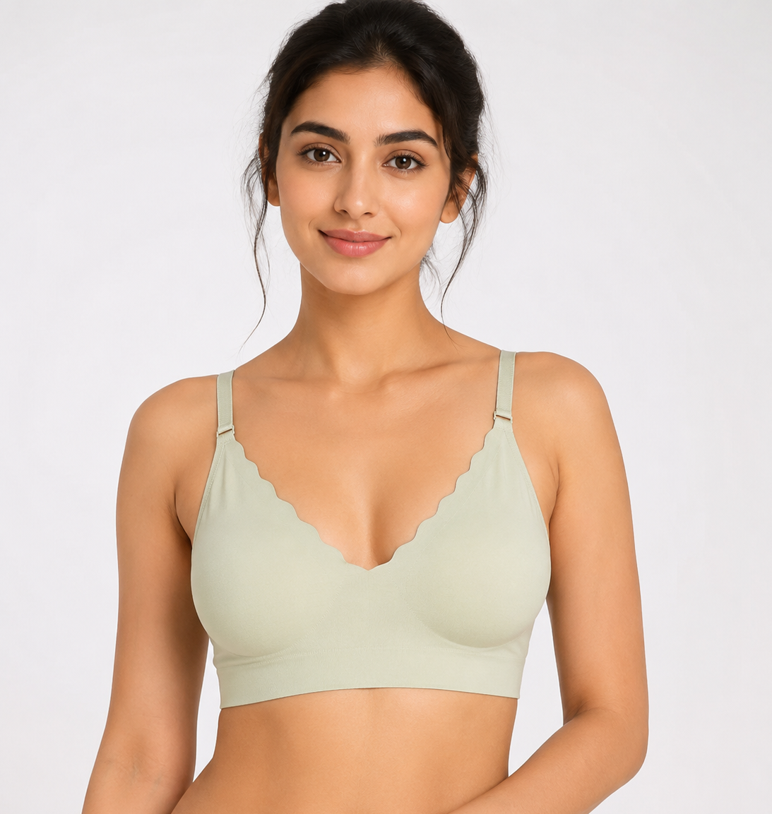 Deevaz Seamless Scalloped V-Neck Bralette – Ultra-Comfortable Wire-Free Everyday Bra in Sage Green