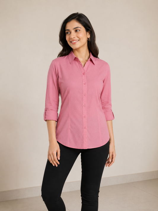 Deevaz Women's Solid Pink Cotton Blend Formal Casual Shirt.