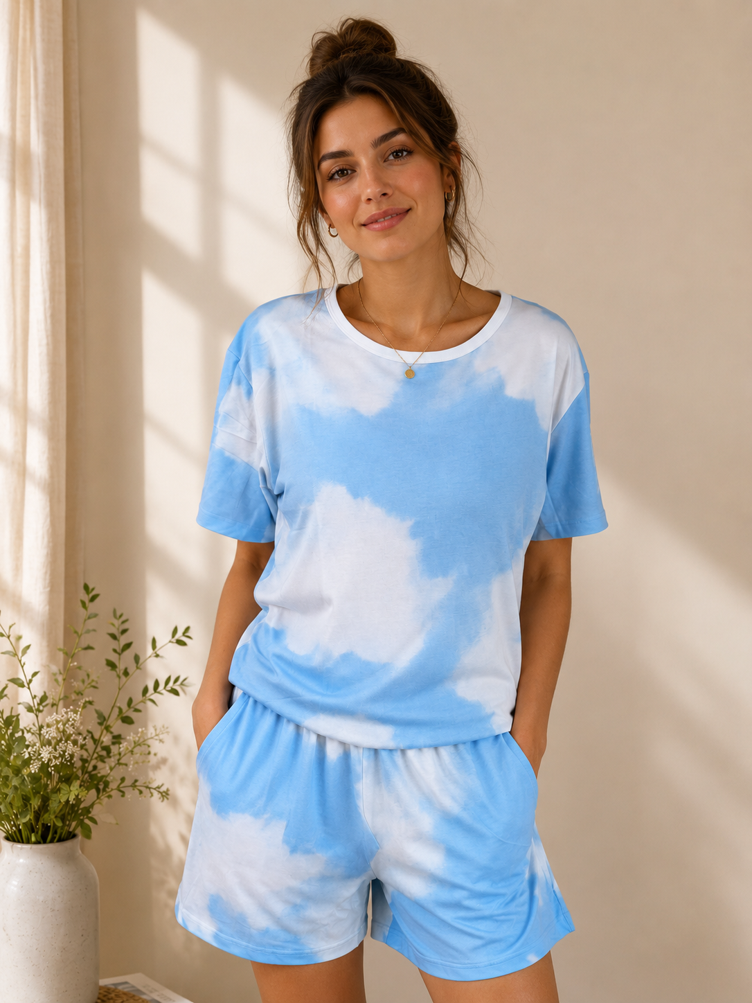 Deevaz Women Blue & White Tie-Dye Cotton Lounge Set (Free Size -Multicolour )