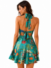 Load image into Gallery viewer, Deevaz Women's Tropical Floral Halter Neck Mini Dress – Teal Printed Summer Beach Dress.