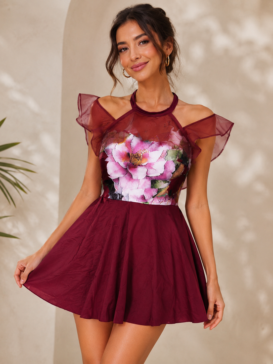 Deevaz Women's Burgundy Floral Fit & Flare Mini Dress – Elegant Ruffle Sleeve beachwear  Dress.