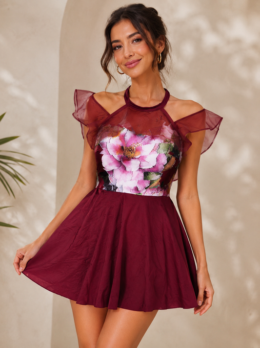 Deevaz Women's Burgundy Floral Fit & Flare Mini Dress – Elegant Ruffle Sleeve beachwear  Dress.