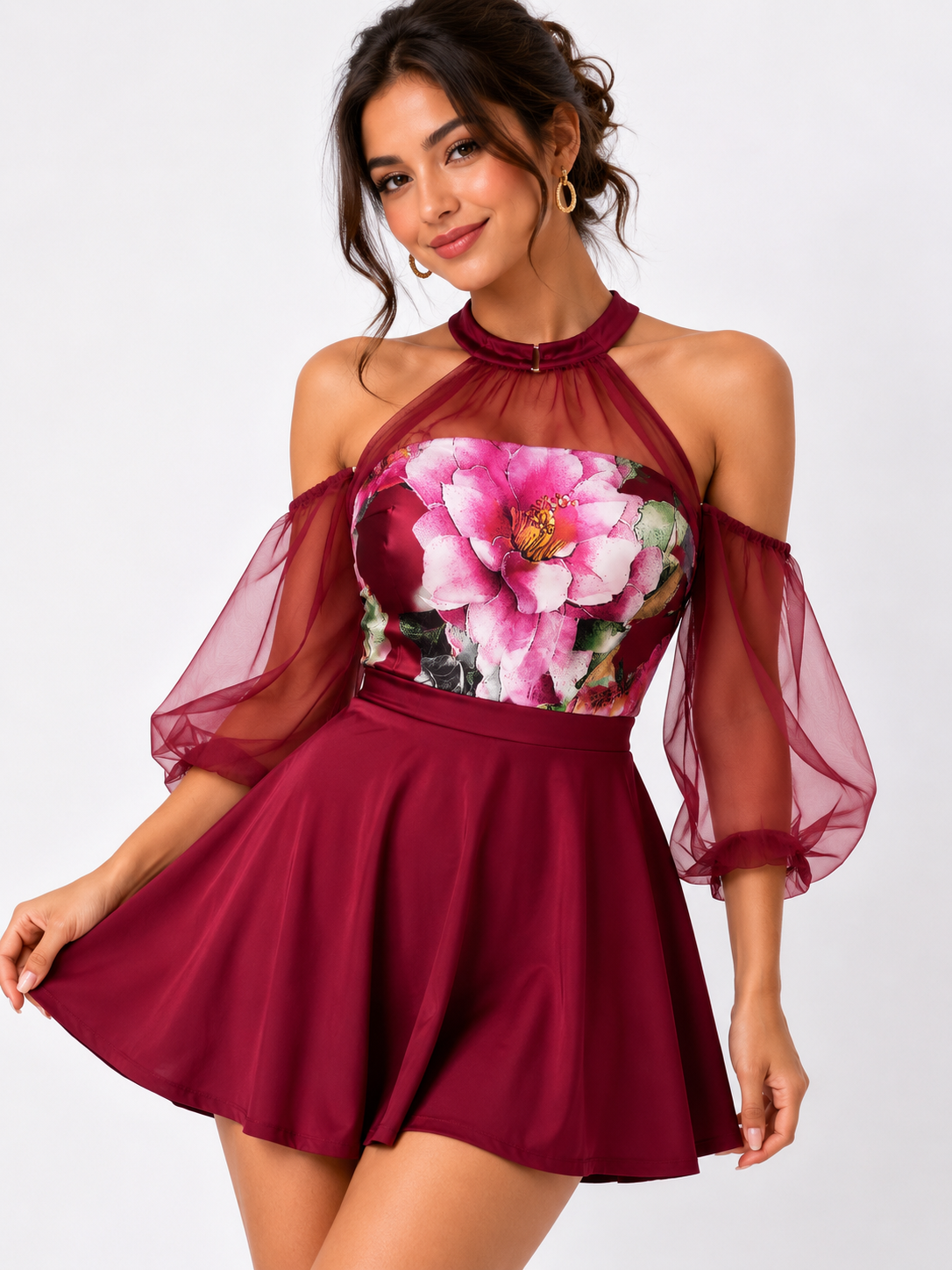 Deevaz Women's Burgundy Floral Fit & Flare Mini Dress – Elegant Ruffle Sleeve beachwear  Dress.
