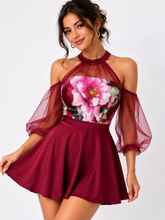 Load image into Gallery viewer, Deevaz Women's Burgundy Floral Fit &amp; Flare Mini Dress – Elegant Ruffle Sleeve beachwear  Dress.
