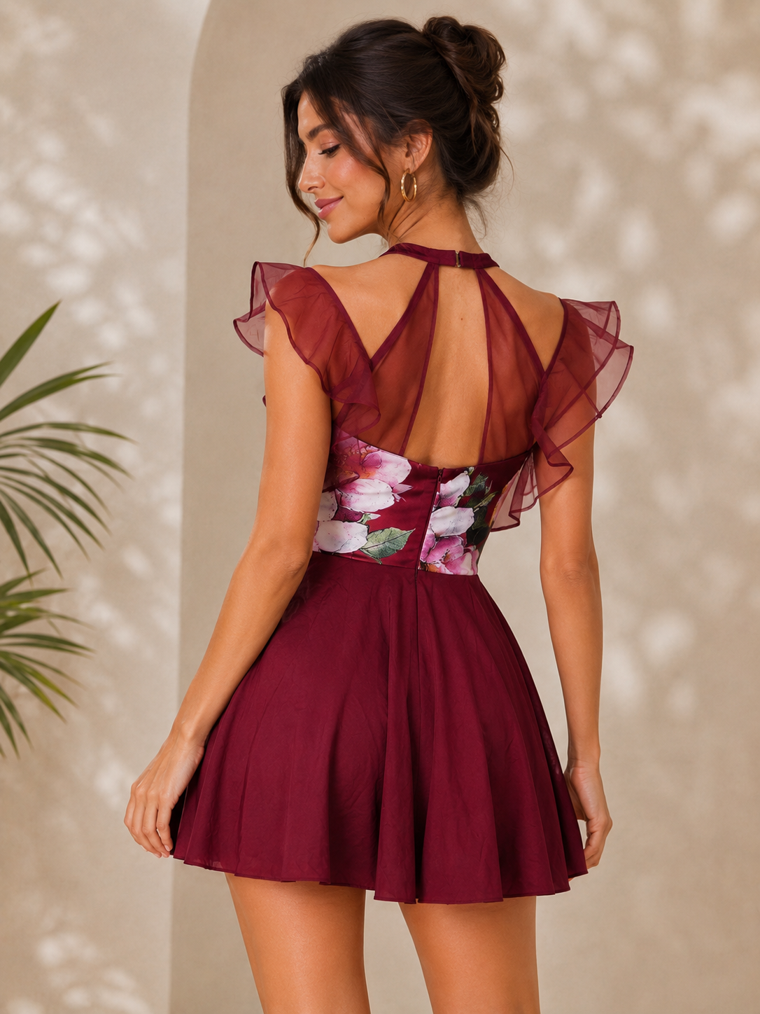 Deevaz Women's Burgundy Floral Fit & Flare Mini Dress – Elegant Ruffle Sleeve beachwear  Dress.