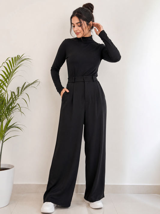 Deevaz Women's Black High-Waist Wide Leg Trousers.