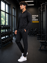 Load image into Gallery viewer, Deevaz Men's Black Full Sleeve Gym T-Shirt | Half Zip Mock Neck Activewear.