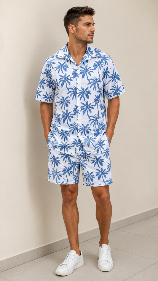 Deevaz  Men's White & Blue Palm Tree Print Resort Shirt & Shorts Co-ord Set