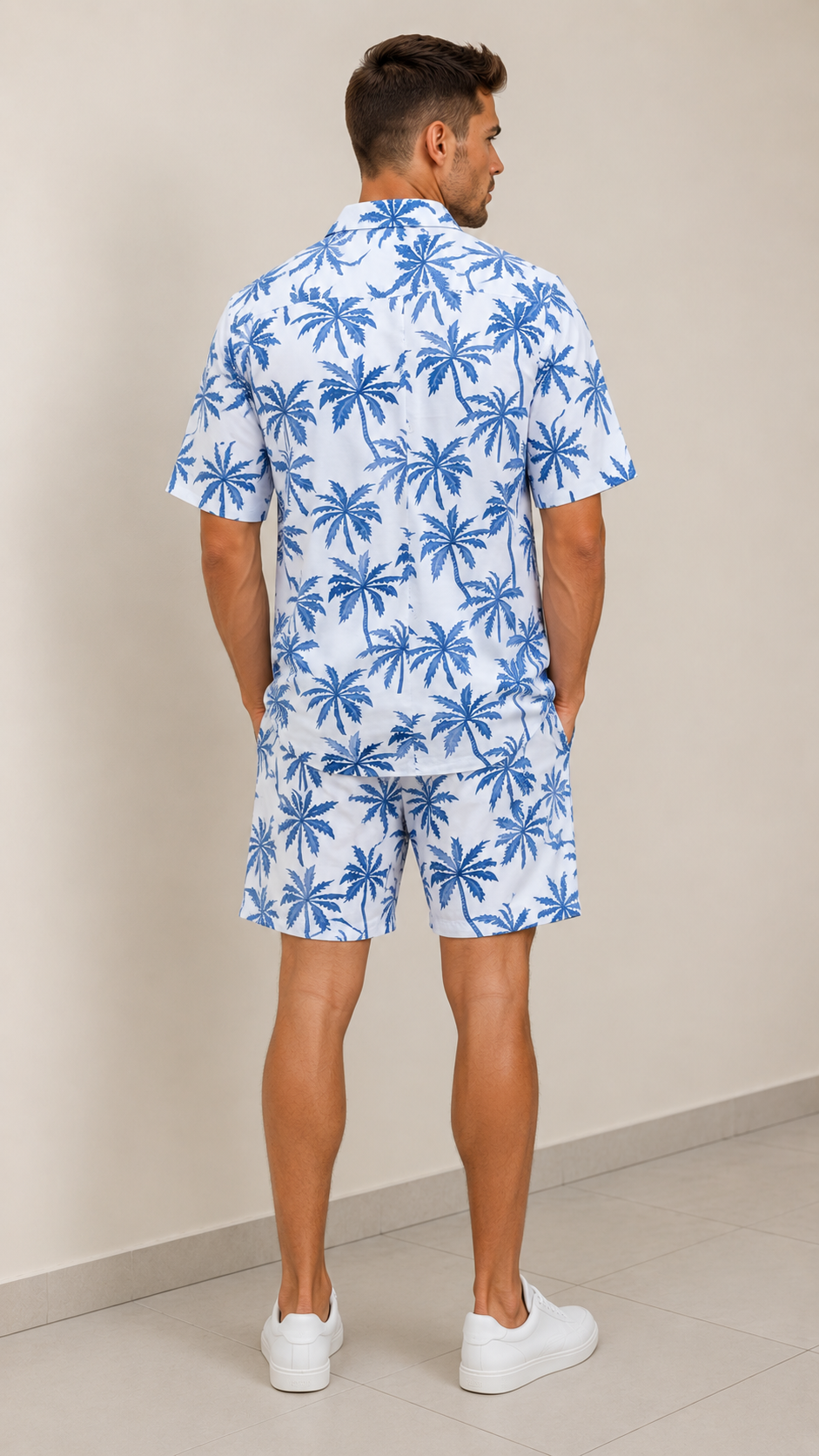 Deevaz  Men's White & Blue Palm Tree Print Resort Shirt & Shorts Co-ord Set