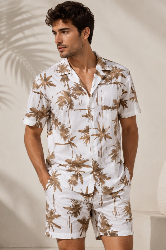 Deevaz Men's Off-White Palm Tree Print Resort Shirt & Shorts Co-ord Set.