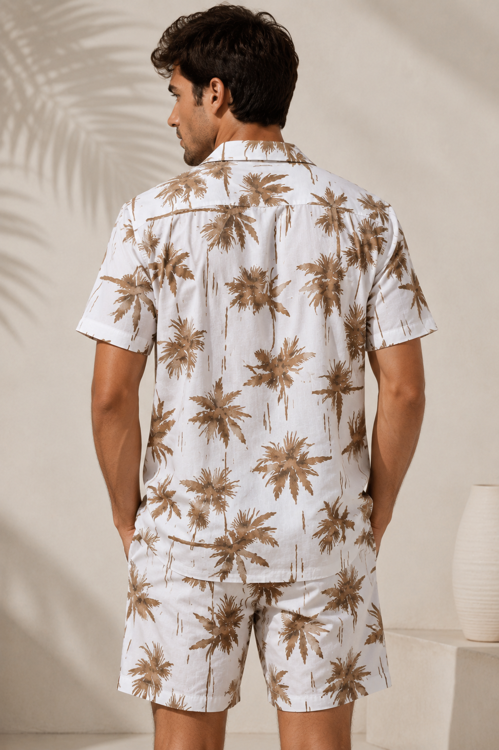 Deevaz Men's Off-White Palm Tree Print Resort Shirt & Shorts Co-ord Set.