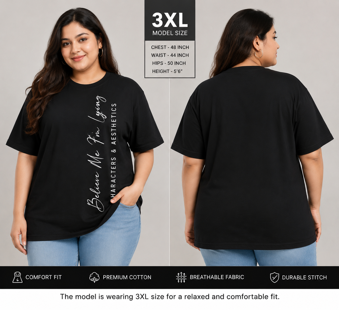 Deevaz Women’s Black Oversized T-Shirt 3XL – Printed Casual Loose Fit Tee