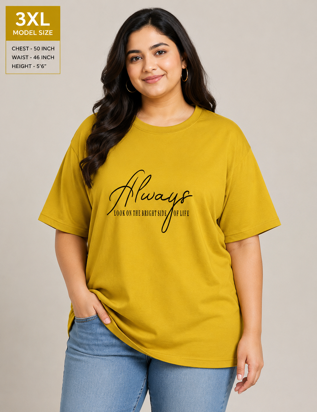 Deevaz Women's Plus Size Mustard Yellow Graphic Tee - "Always Look on the Bright Side
