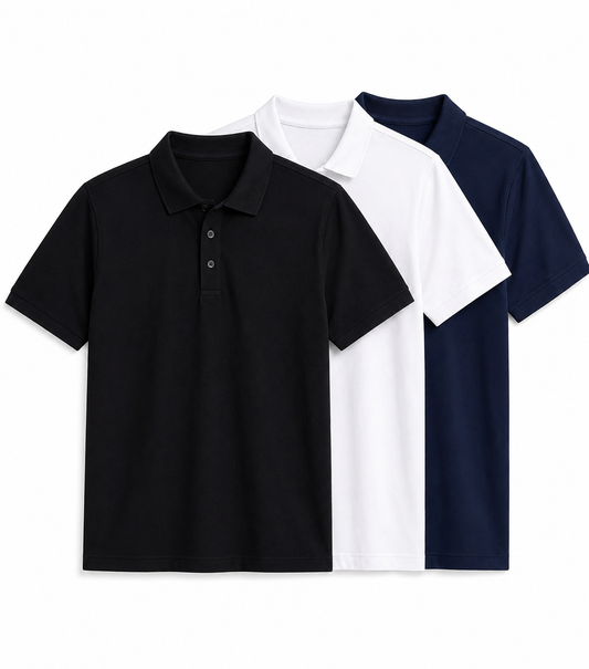 Deevaz Men's Pique Polo Shirt Tri-Pack – Classic Fit in Black, Navy, and White