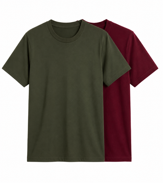 Deevaz Pack of 2 Premium Cotton Crew Neck T-Shirts – Olive & Maroon