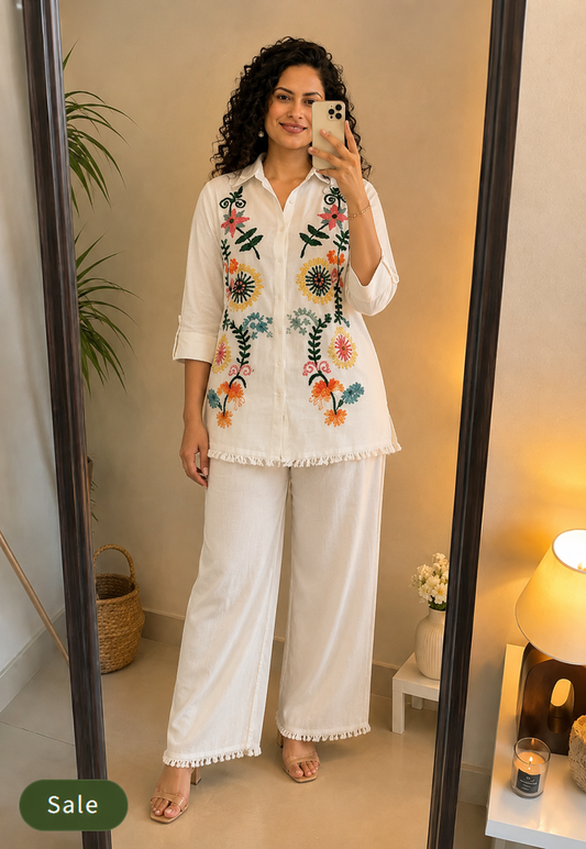 Deevaz Women’s Embroidered Cotton Blend Kurta with Wide-Leg Palazzo Pants Set