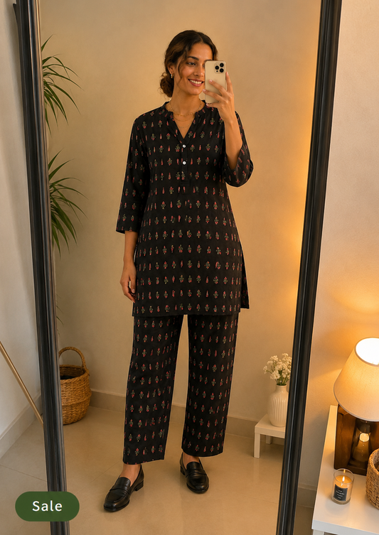 Deevaz Black Kalamkari Inspired Co-ord Set for Women