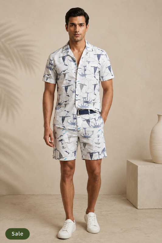Deevaz Men's Maritime Map Printed Resort Shirt & Shorts Set.