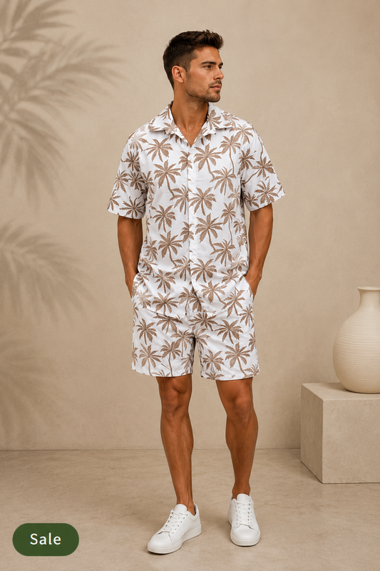 Deevaz Men's White & Light Brown Palm Tree Resort Shirt & Shorts Co-ord Set.