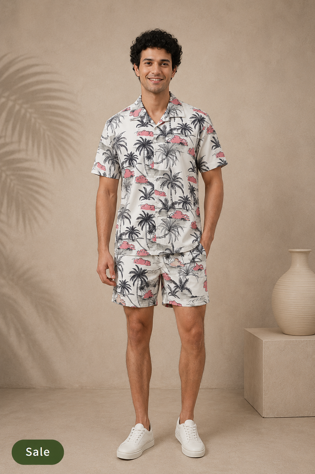 Deevaz Men's Tropical Palm Print Resort Shirt & Shorts Co-ord Set.