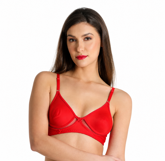 Deevaz Breathable Cotton Red Solid T-Shirt Bra with Mesh Detailing.