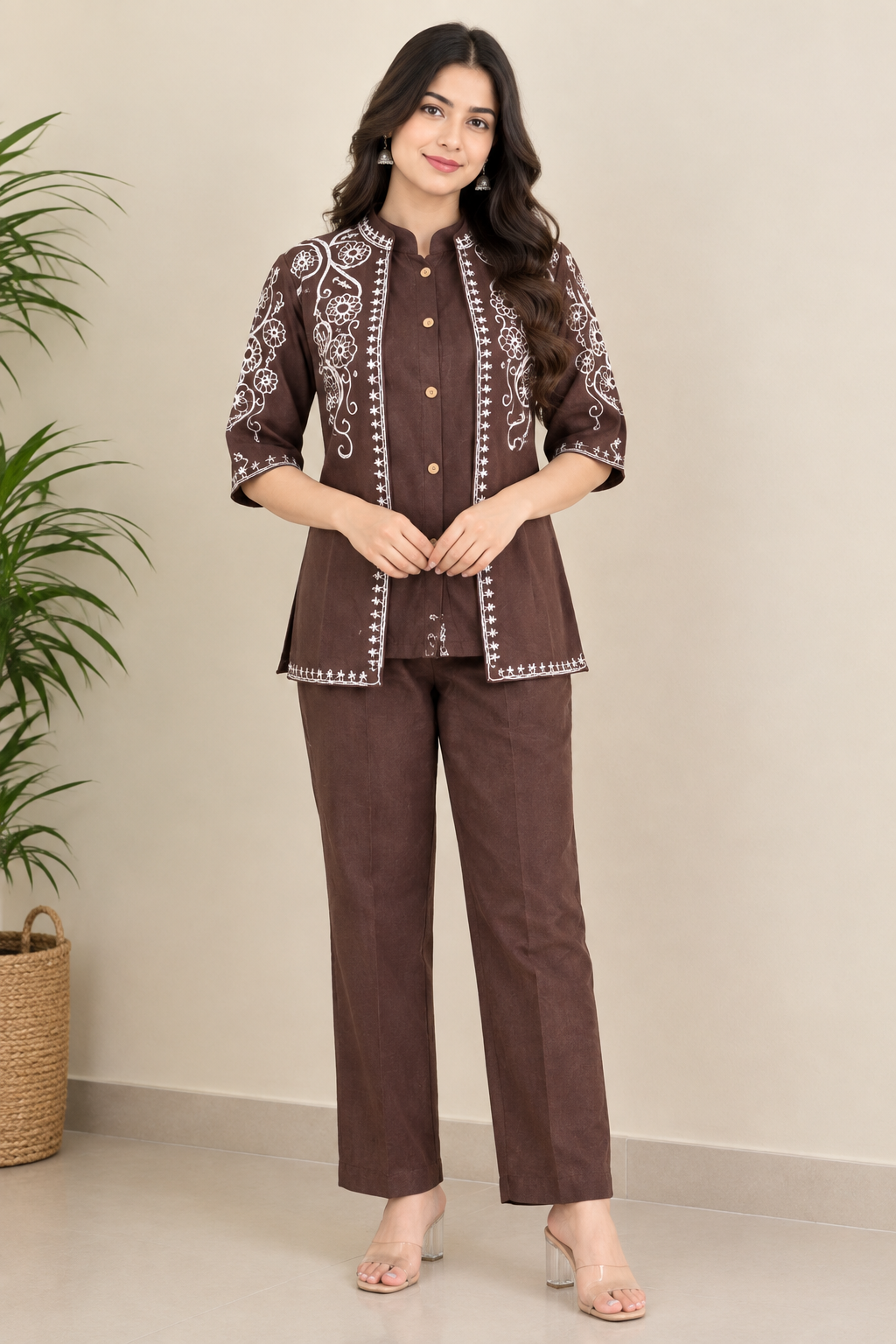 Deevaz Women’s Brown Embroidered Kurta Pant Set | 3/4 Sleeve Ethnic Co-Ord Set