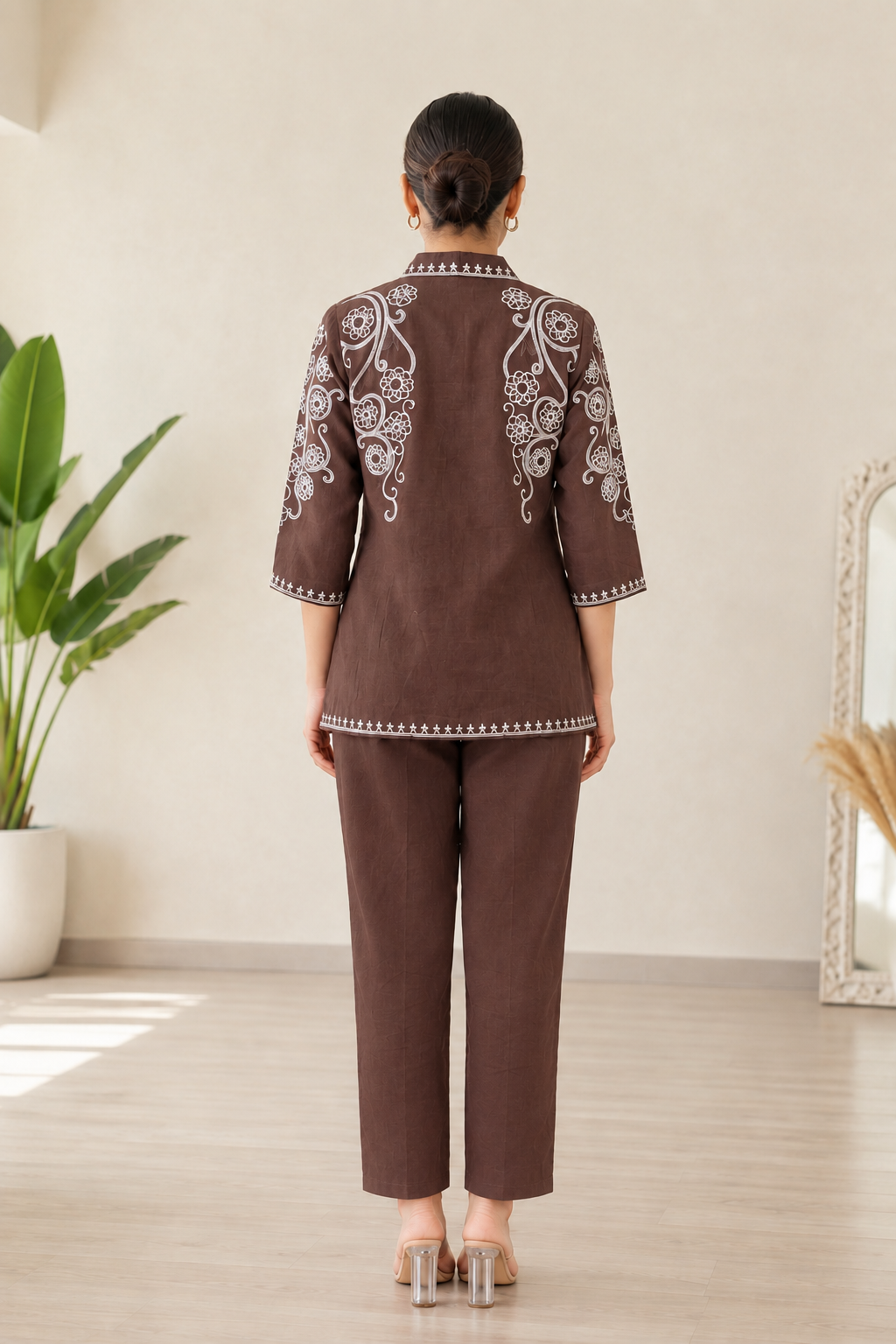 Deevaz Women’s Brown Embroidered Kurta Pant Set | 3/4 Sleeve Ethnic Co-Ord Set