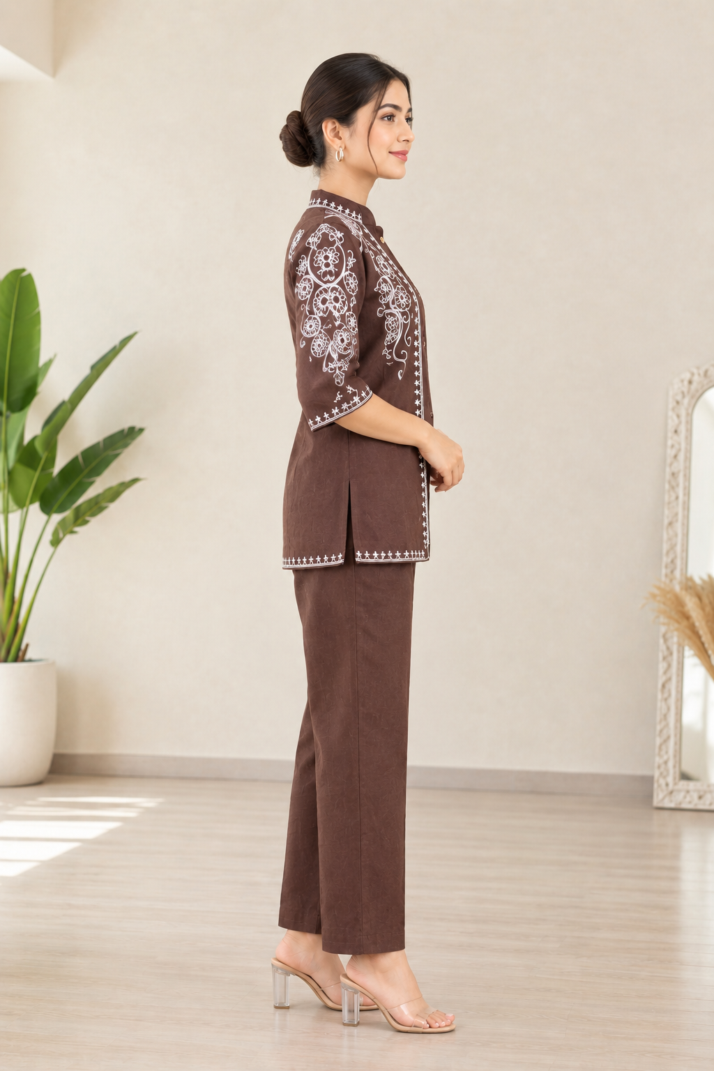 Deevaz Women’s Brown Embroidered Kurta Pant Set | 3/4 Sleeve Ethnic Co-Ord Set
