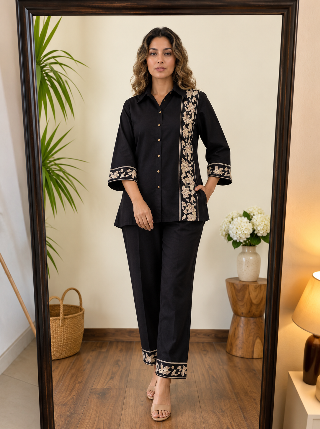 Deevaz Women's Black Embroidered Co-ord Set (Shirt & Trousers)
