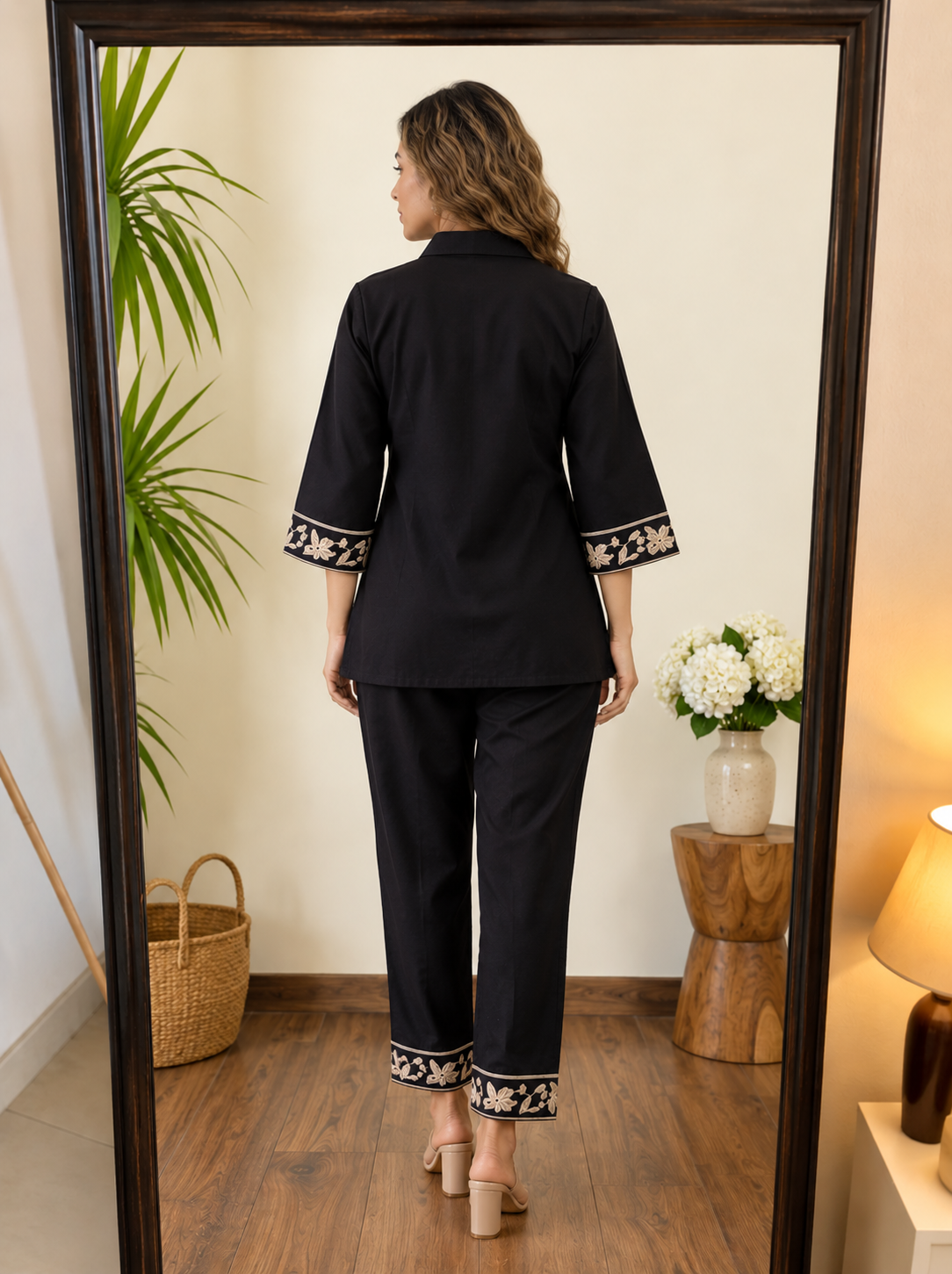 Deevaz Women's Black Embroidered Co-ord Set (Shirt & Trousers)