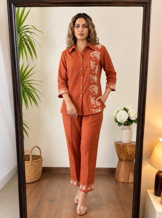 Deevaz Women's Rust Orange Embroidered Co-ord Set (Shirt & Trousers)