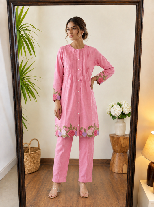 Deevaz Soft Pink Embroidered Cotton Kurta Set with Pin-Tuck