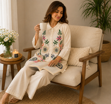 Load image into Gallery viewer, Deevaz Women’s Embroidered Cotton Blend Kurta with Wide-Leg Palazzo Pants Set