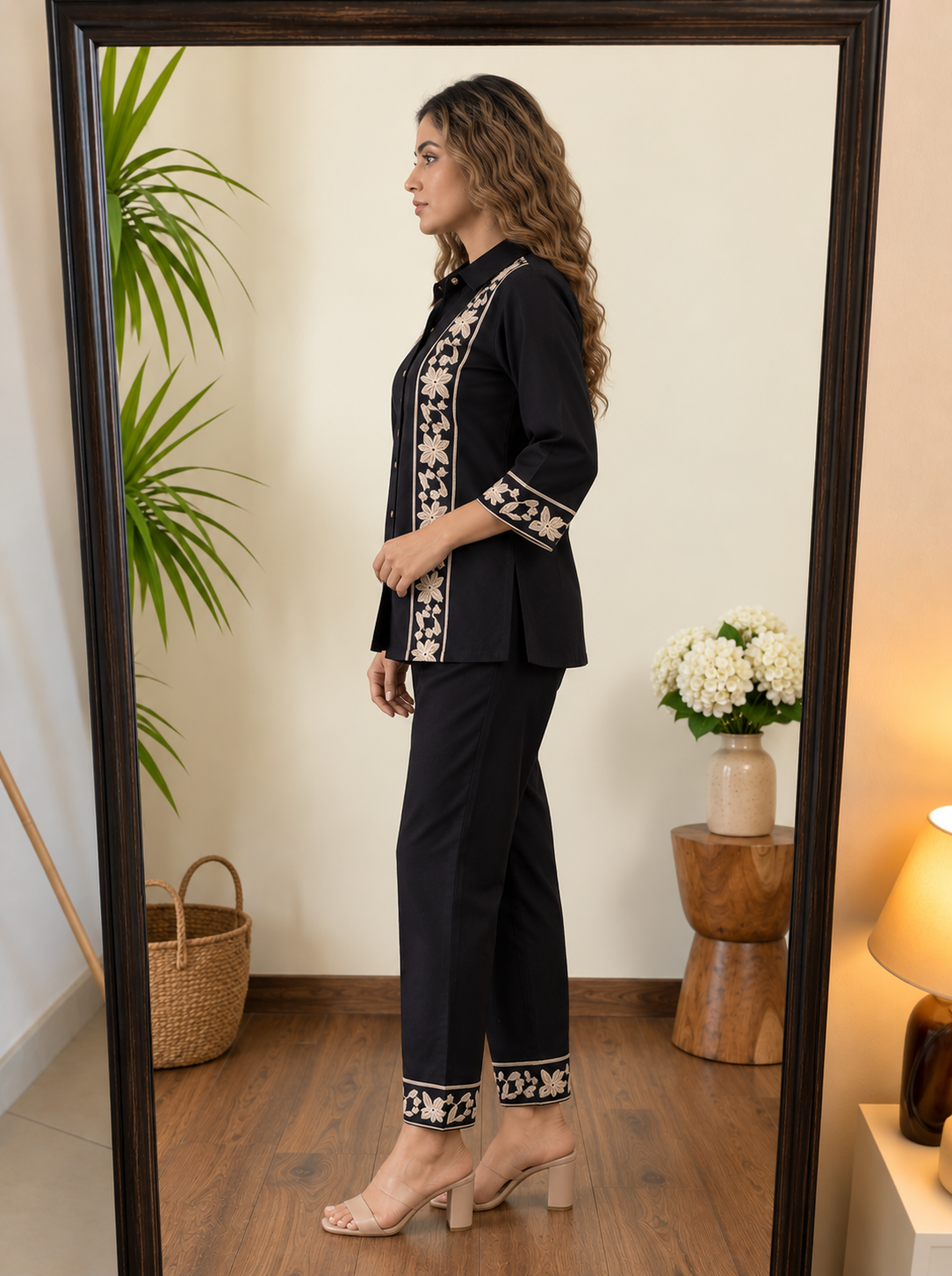 Deevaz Women's Black Embroidered Co-ord Set (Shirt & Trousers)