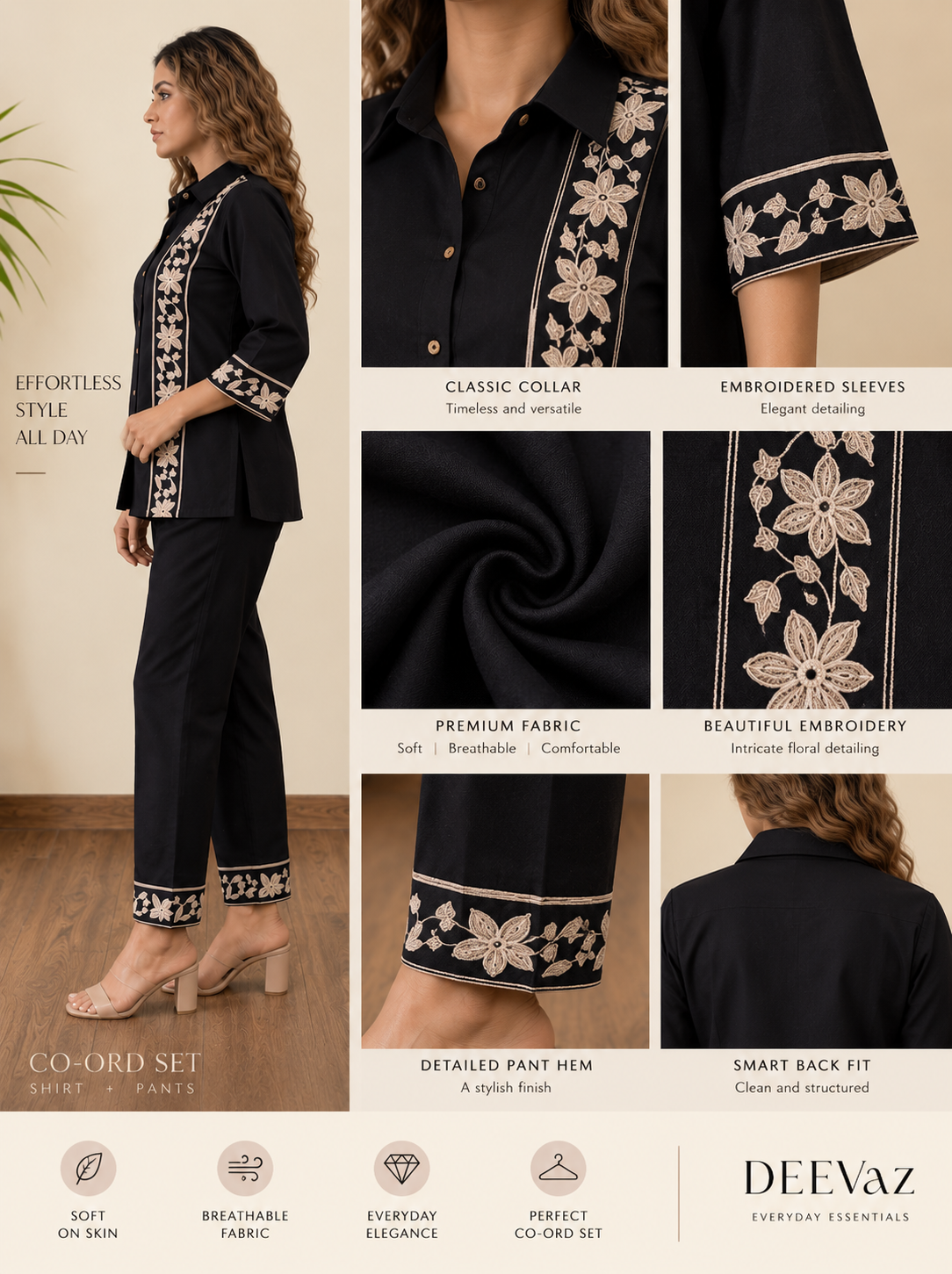 Deevaz Women's Black Embroidered Co-ord Set (Shirt & Trousers)