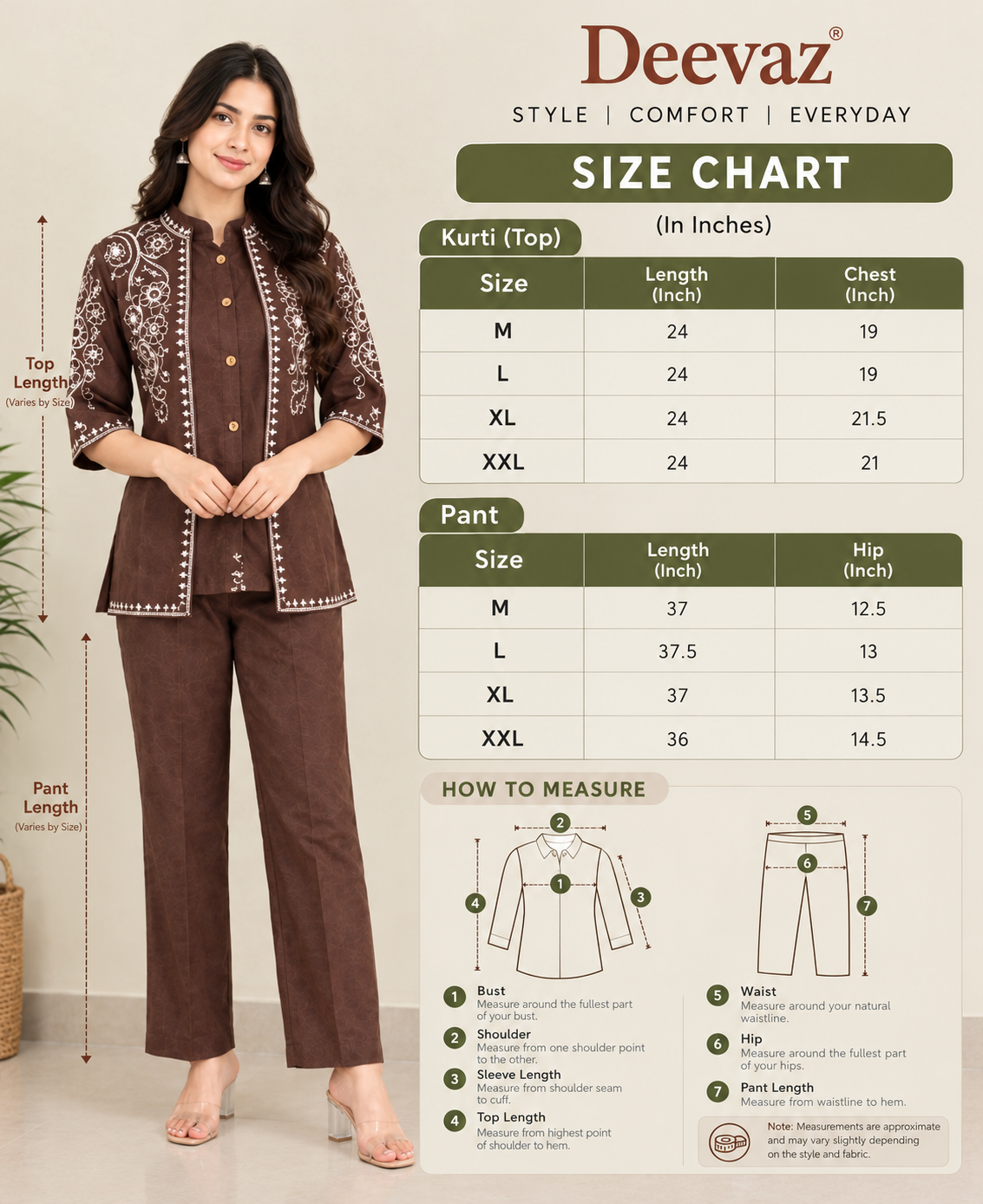 Deevaz Women’s Brown Embroidered Kurta Pant Set | 3/4 Sleeve Ethnic Co-Ord Set