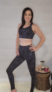 Deevaz Pair Of Comfort Fit Active Sports Bra & Snug Fit Active Ankle-Length Tights In Bluish Camouflage Color.