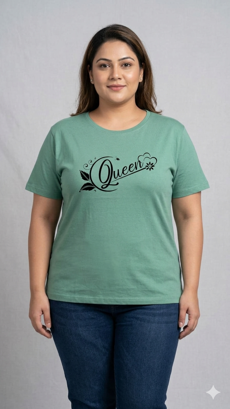 Deevaz Women's Plus Size "Queen" Floral Typography Tee – Sage Green.