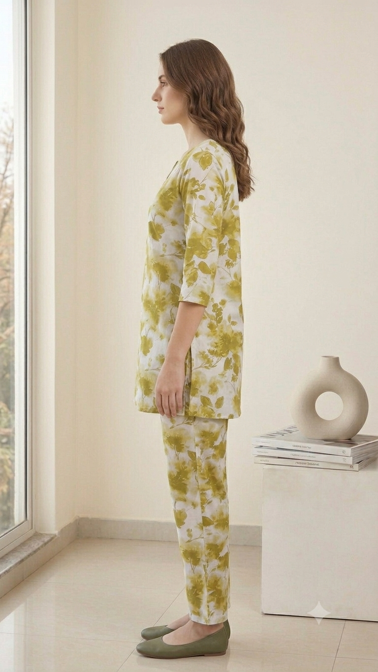 Deevaz Elegant Olive Green Floral Lounge & Co-ord Set
