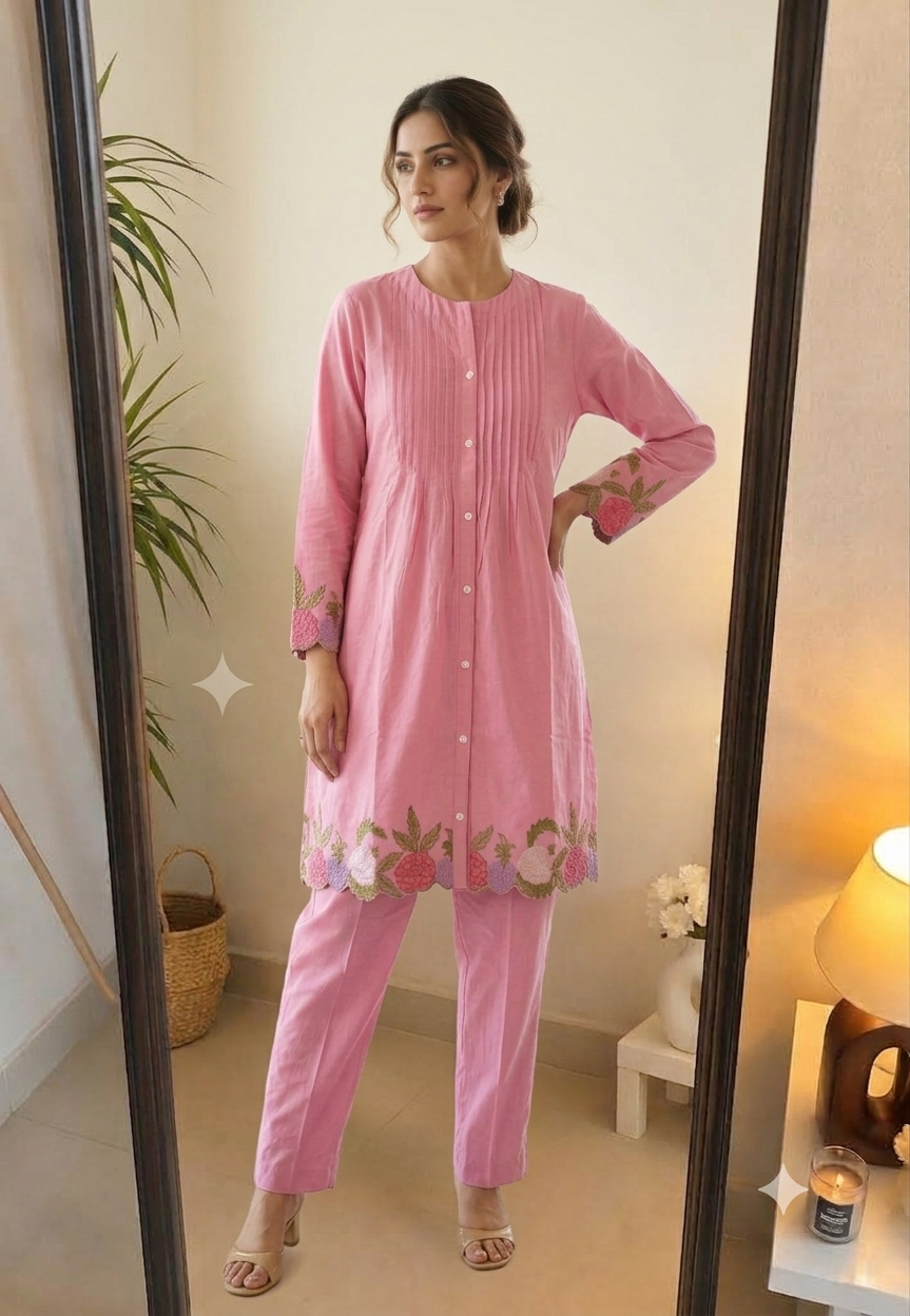 Deevaz Soft Pink Embroidered Cotton Kurta Set with Pin-Tuck