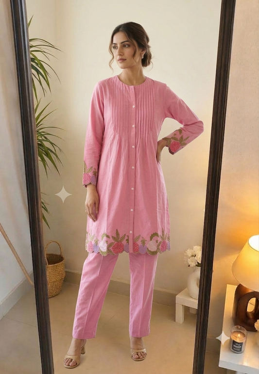 Deevaz Soft Pink Embroidered Cotton Kurta Set with Pin-Tuck